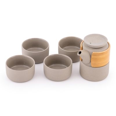 Tea&sol;Sake Set &lpar; Grey W &sol;Wood Band&rpar;